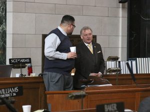 <a href='http://news.legislature.ne.gov/dist13' target='_blank' title='Link to the website of Sen. Justin Wayne'>Sen. Justin Wayne</a> talks with Sen. Bob Krist